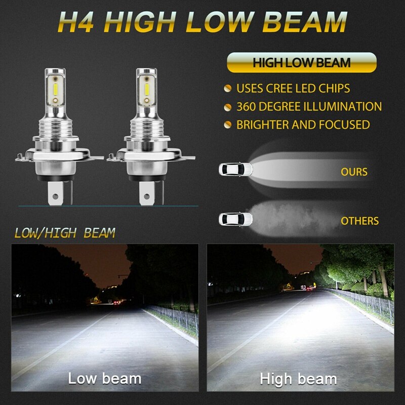 Faros LED CreeLED H4 9003 HB2, 2600W, Bombilla de haz Alto y Bajo, 6000K, xenón blanco, 2 uds.