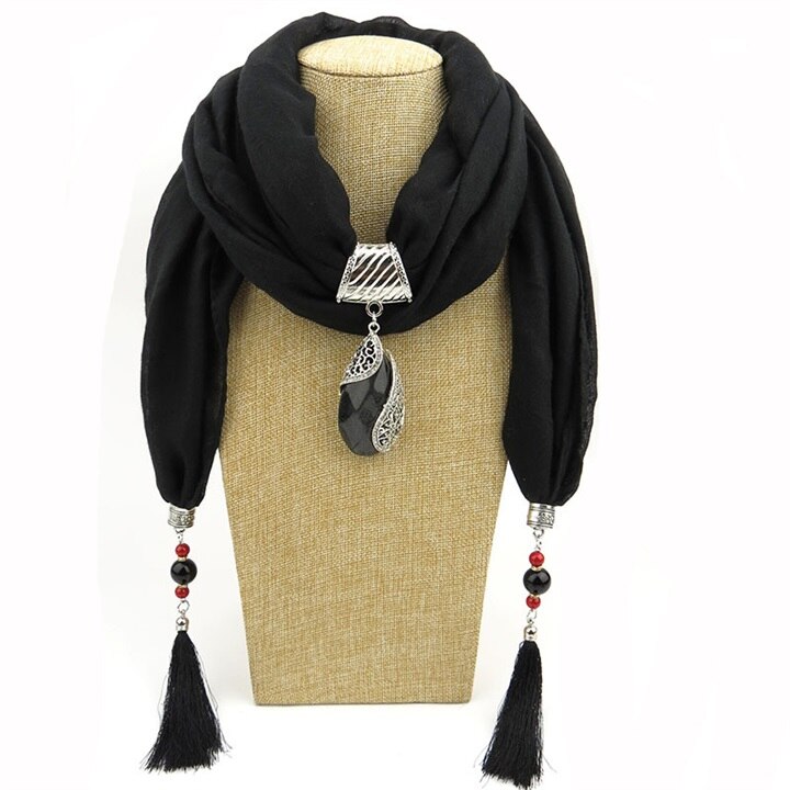 12 farben Frauen Anhänger Schals Schmuck Lange Quaste Halskette Schal für Damen Schalldämpfer Schal wickelt Lange Schals: Schwarz