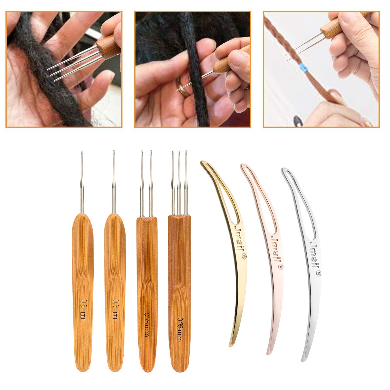 7 stk/sett profeesional dreadlock heklet bambus håndtak krok 0.5mm 0.75mm 1- kroker 2- kroker 3- kroker nål for dreads lås nål