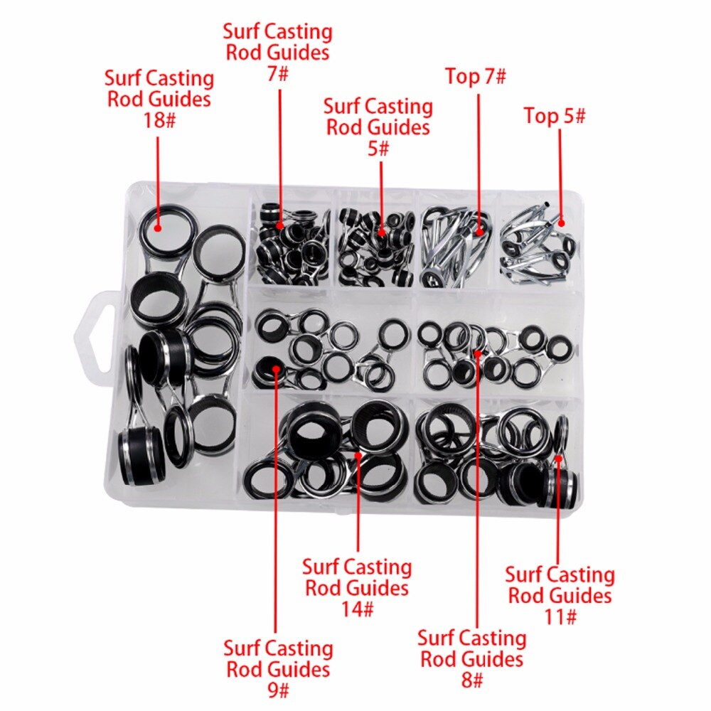 55Pcs/Box Fishing Rod Guides Top Tips Rod Repair Set Flared Frame Steel Ceramics Ring Spinning Telescopic Surf Casting Rod Guide