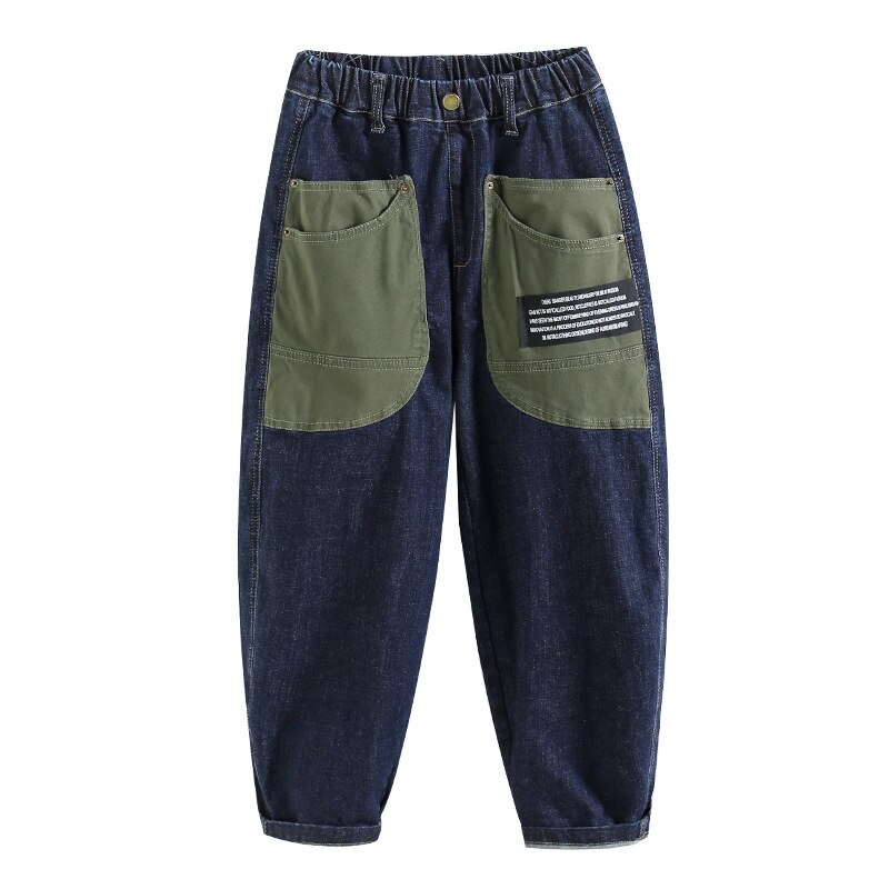 Boy Spring Loose Pocket Jeans Children Contrast Cargo Jean Pants Kids Straight Denim Pant Baggy Trouser Teen Clothes: Style I / 160