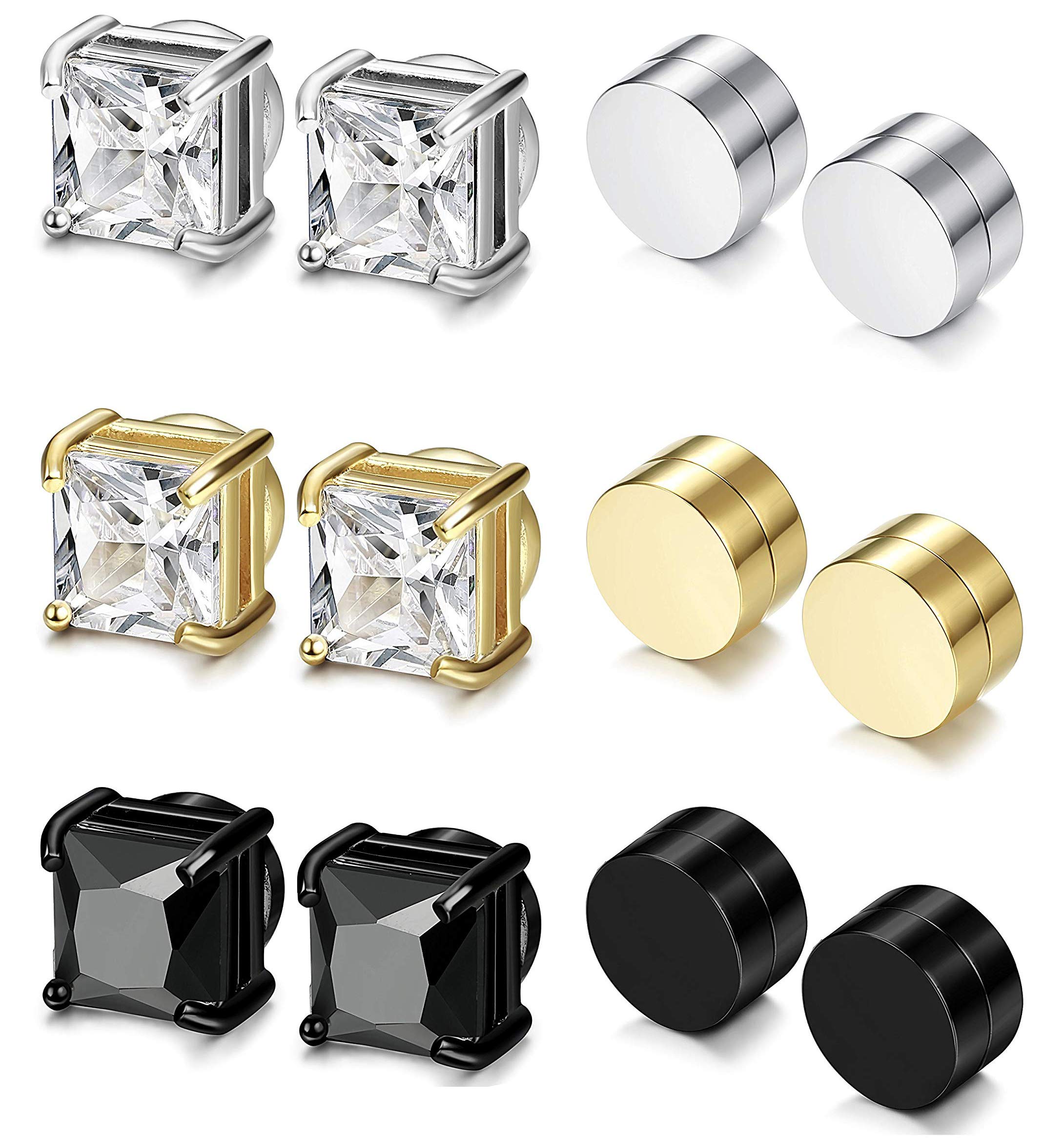 6 pairs magnetic stud earring for men women round square cz magnet non pierced clip on earrings set 6mm 8mm