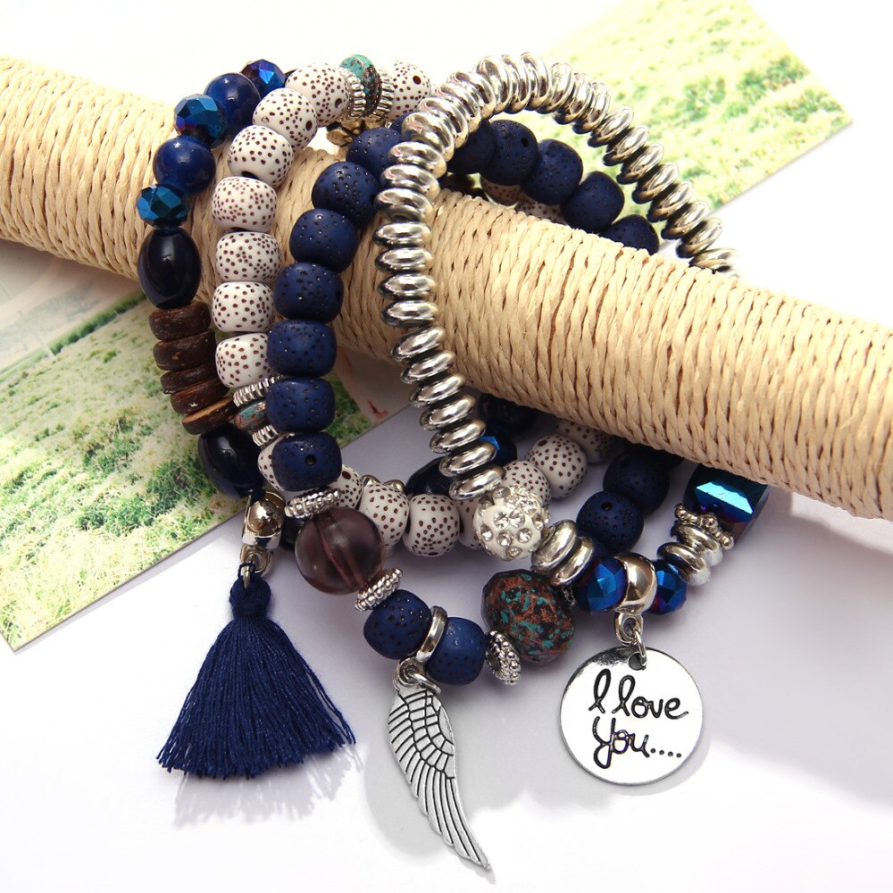 Rinhoo natursten perler armbånd til kvinder jeg elsker dig vinge kvast charme armbånd & armbånd sæt boho vintage smykker