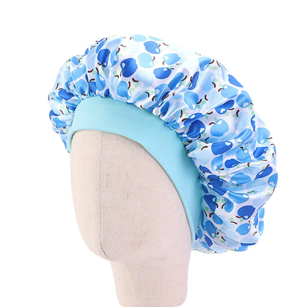 Cute Pattern Kids Satin Sleep Cap Bonnet Flower Printed Night Cap Turban Chemo Hat Girl's Wide Elastic Band Night Sleep Cap