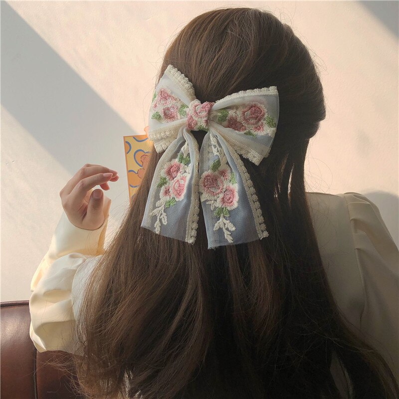 AOMU retro Geometrische Rosa Rose Spitze Band Haarnadel Koreanisch Blume Stickerei Übergroßen Bogen Frühling Clip für Frauen Braut Hochzeit