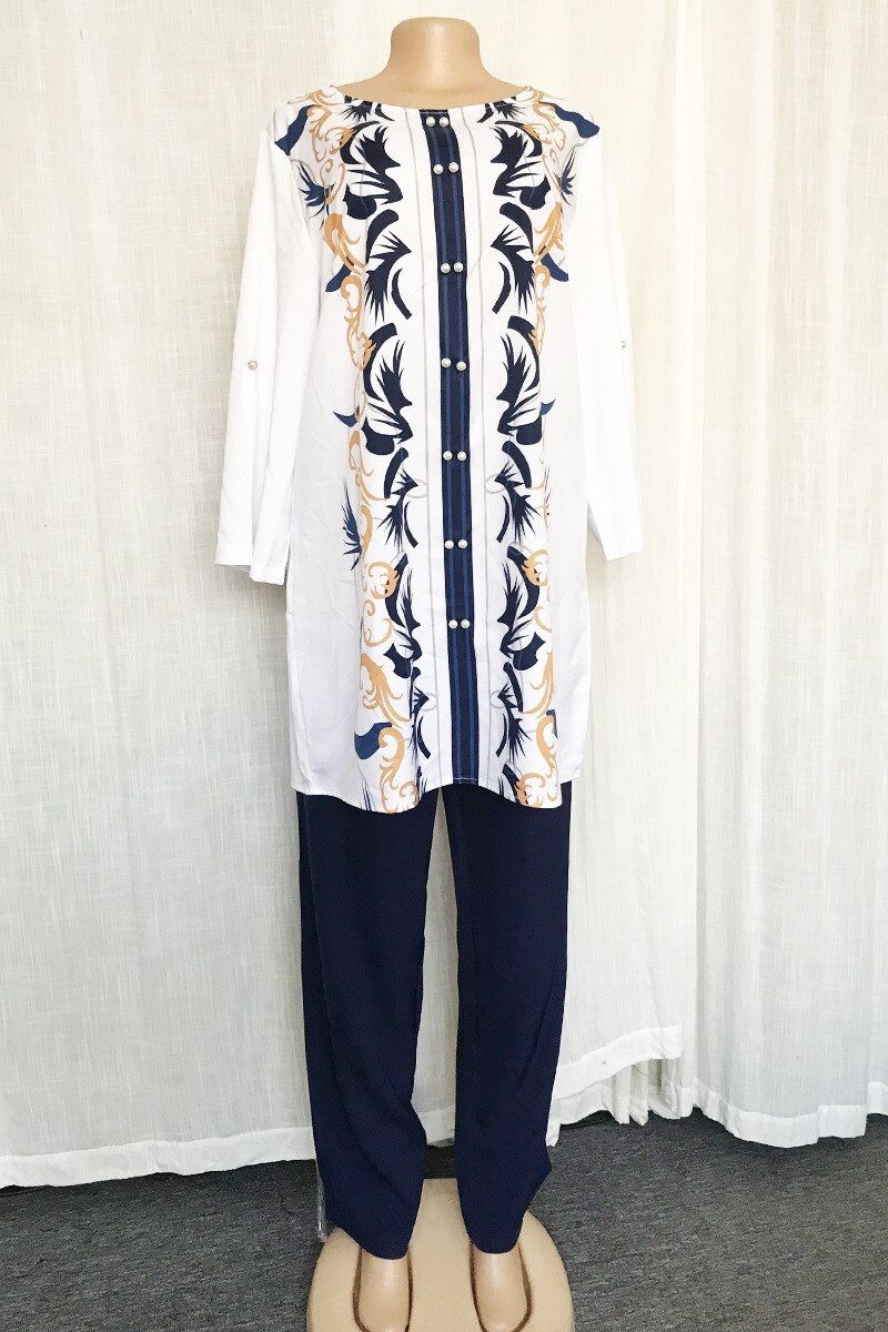 Two Piece Set Africa Clothes African Dashiki Flower Print Suit Top Trousers Super Elastic Party For Women Outfits: Navy Blue / XL