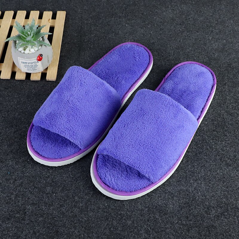 Disposable Slippers Hotel Open Toe Slides Close Toe Non-slip Travel Indoor Guest Slippers Portable Coral fleece Shoes 10 Pairs: Purple2