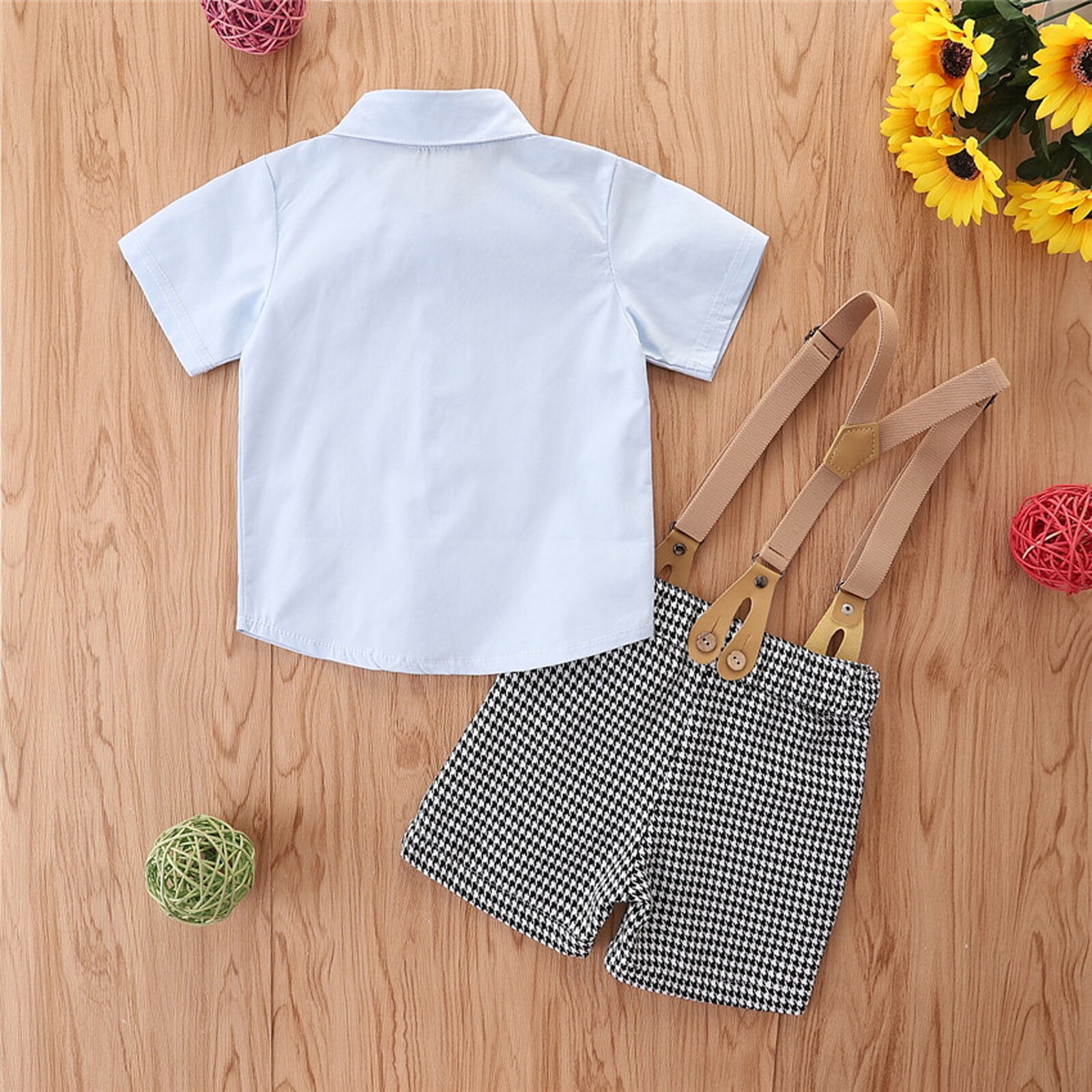 2 Pcs Infant Houndstooth Print Outfits Baby Boy Button Down Short Sleeve Lapel Bowknot Shirt + Suspender Pants with Pocket 6M-4T