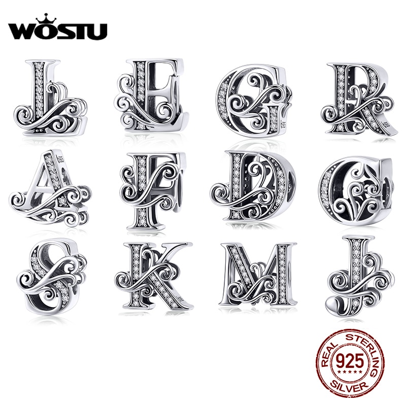WOSTU 925 Sterling Silber A-Z 26 Buchstaben blendend Perlen passen Original Charme Armbinde Anhänger Armreif Für Frauen Schmuck CTC030