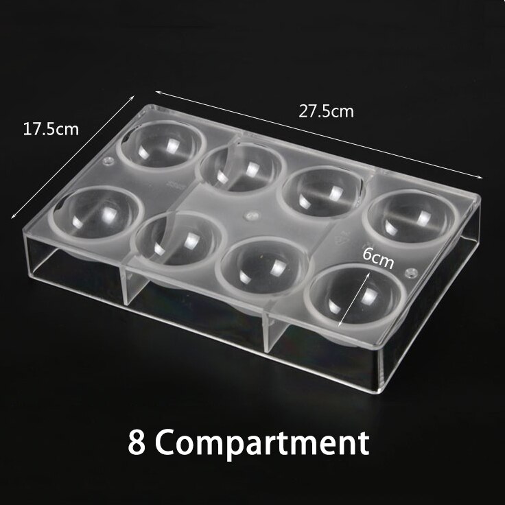 Moldes de policarbonato duro para Chocolate, 6/8/12/14/15 cavidades, 3D, Media esfera, 1 unidad: 8 Compartment