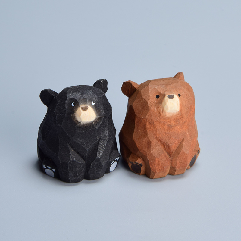 Wooden Bear Miniature Polar Bear Crafts Ornaments Cute Mini Solid Wood Carved Bear Figurines Tabel Decorate Kids: army green
