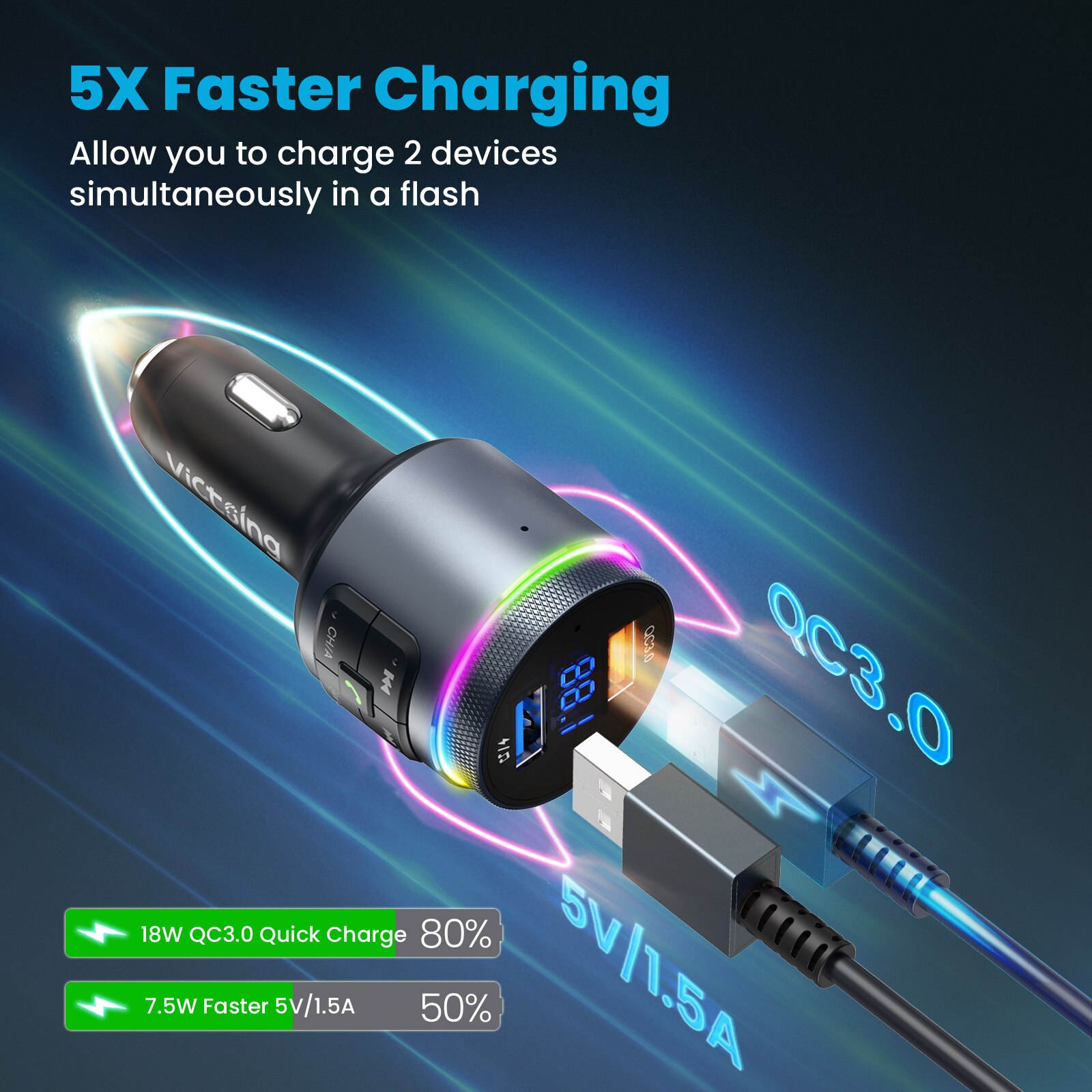 VicTsing Bluetooth 5.0 Car Adapter Upgraded FM Transmitter for Car 2 Microphones &amp; QC3.0 Wireless Car Radio Music Player