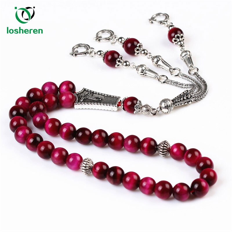 Losheren natural rosa tigre olho pedra borla 33 contas de oração muçulmano islâmico tasbih allah rosário meditação frisado pulseiras