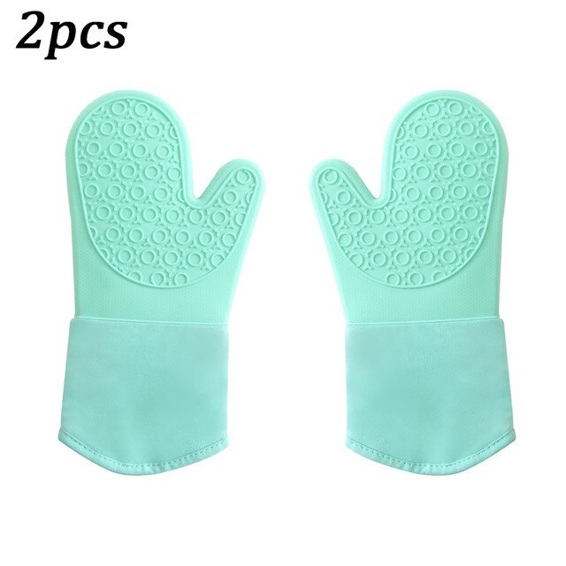 Non-slip Silicone Oven Mitt Heat Resistant Waterproof Long Cotton Kitchen Baking Waterproof Long Cotton Kitchen Baking Gadgets: Green 2pcs
