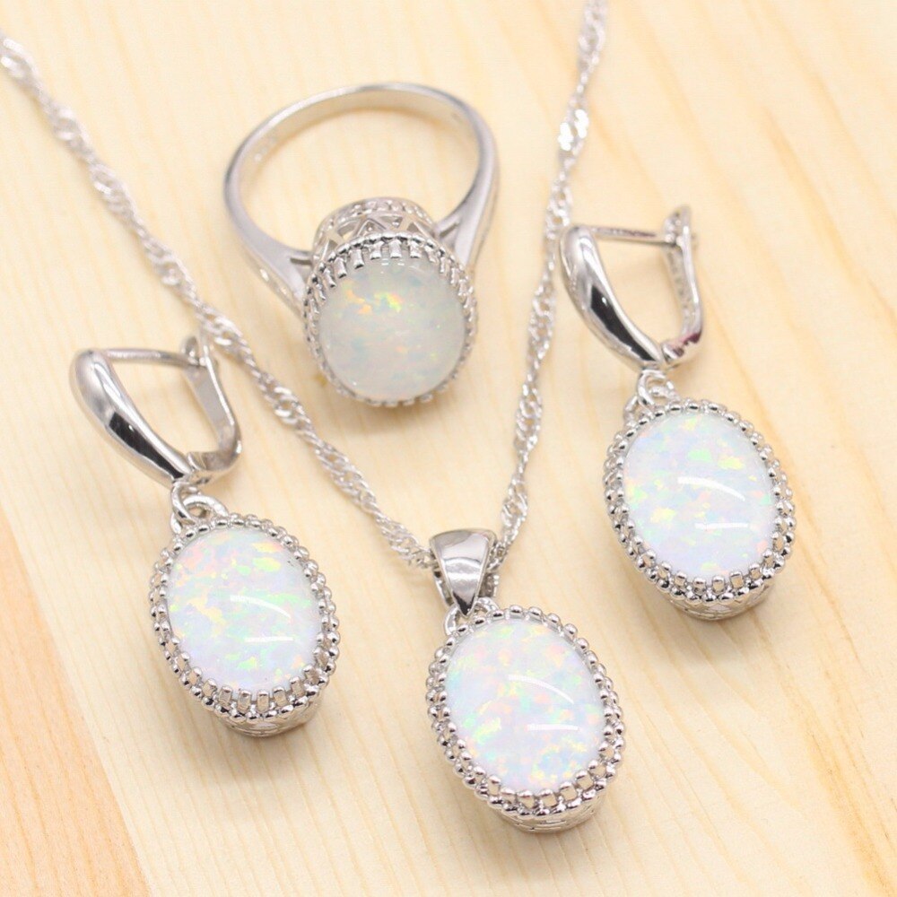 Klassieke Vrouwen Sliver Kleur Sieraden Sets White Opal Ketting Hanger Oorbellen Trouwringen Opal Armband Sets Voor Dance Party: 3 PCS / 6