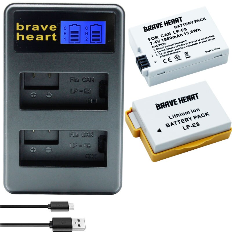 7.4v 1860 mah bateria lp  e8 batteri batteri akku + dubbel laddare för canon eos 550d 600d 650d 700d x4 x5 x6i x7i t2i t3i: Laddare och 2 batterier