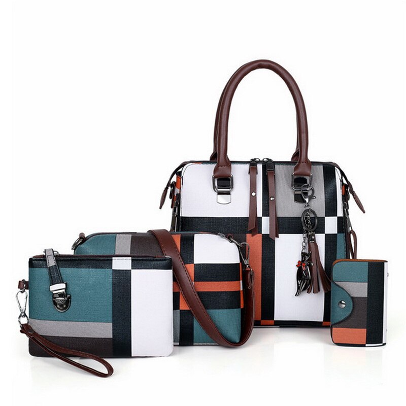 Gradosoo Plaid Patroon Handtassen 4 Sets Vrouwen Lederen Portemonnee en Handtas Bag Vrouwelijke Kwastje Schoudertas Vrouwen Crossbody Tas LBF651: Groen