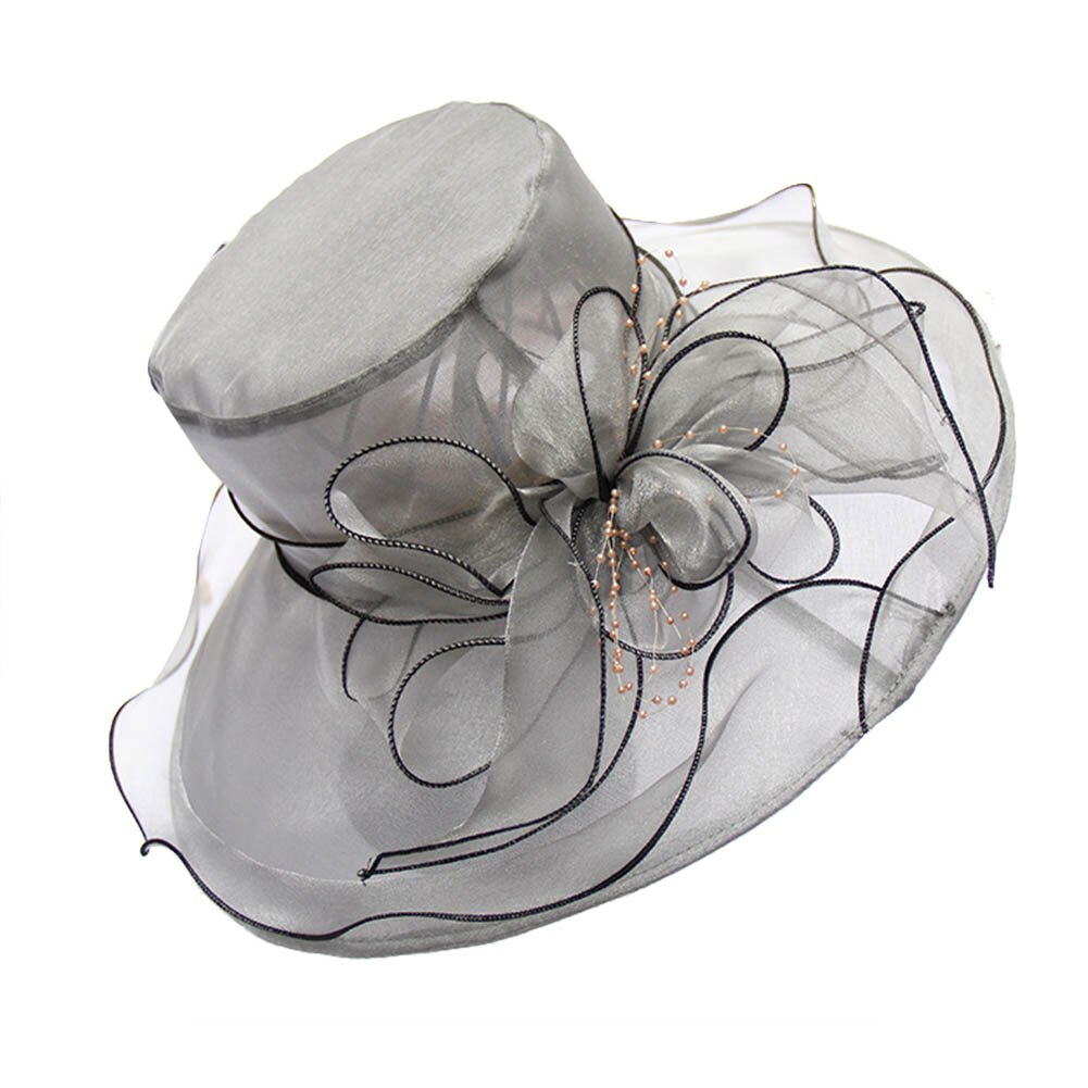 Sombreros elegantes de iglesia para mujer, gorros de fieltro de hilo de red Floral grande para mujer, sombreros de Sol de ala ancha de verano, gorros de fedora vintage: Grey B