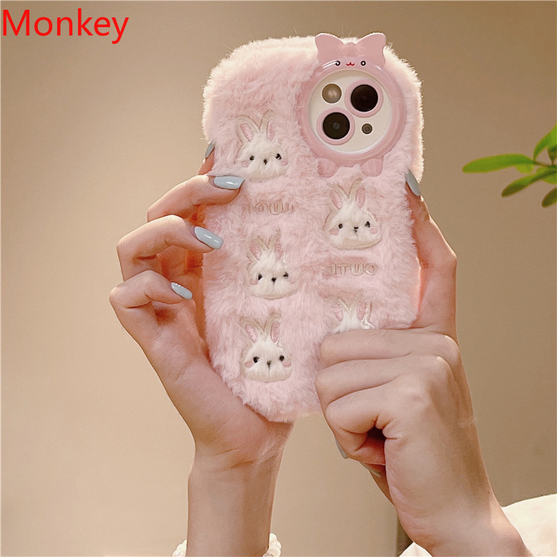 Fluffy plysj 3d søt kanin rosa telefondeksel til iphone 15 pro max deksler 14 12 11 pro max beskyttende mykt deksel til iphone 13 deksel