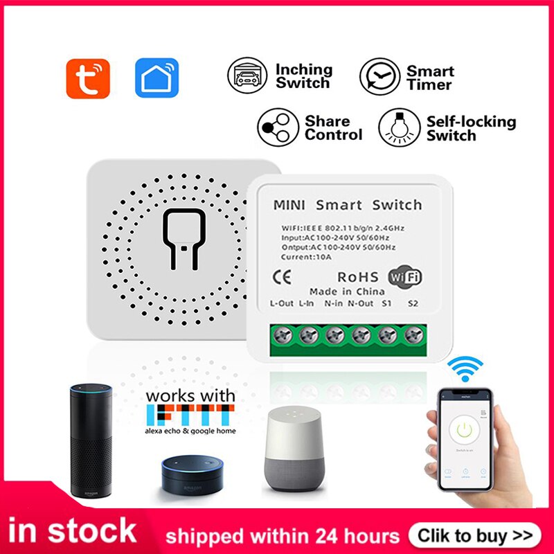 10A Tuya Zigbee MINI Wifi Smart Switch Module No /With Neutral EU 220V 2 Way Wireless Light Switch Relay Zigbee2MQTT Home Assist