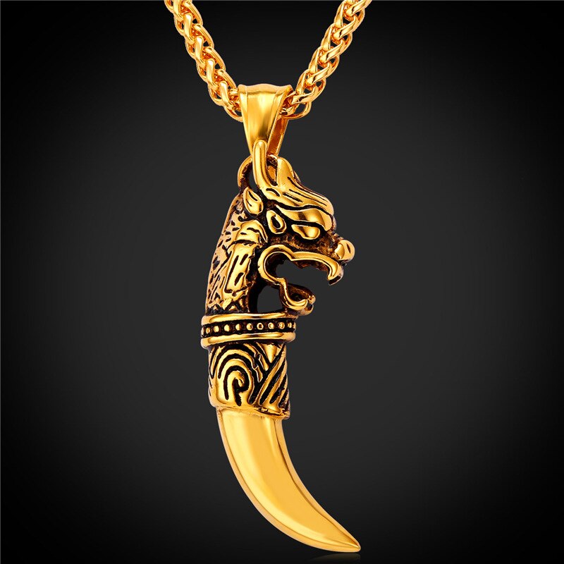 Starlord retro punk varg tand hänge halsband rostfritt stål/guld färg drakhuvud berlock amulett herr smycken  gp1907: Guldfärg