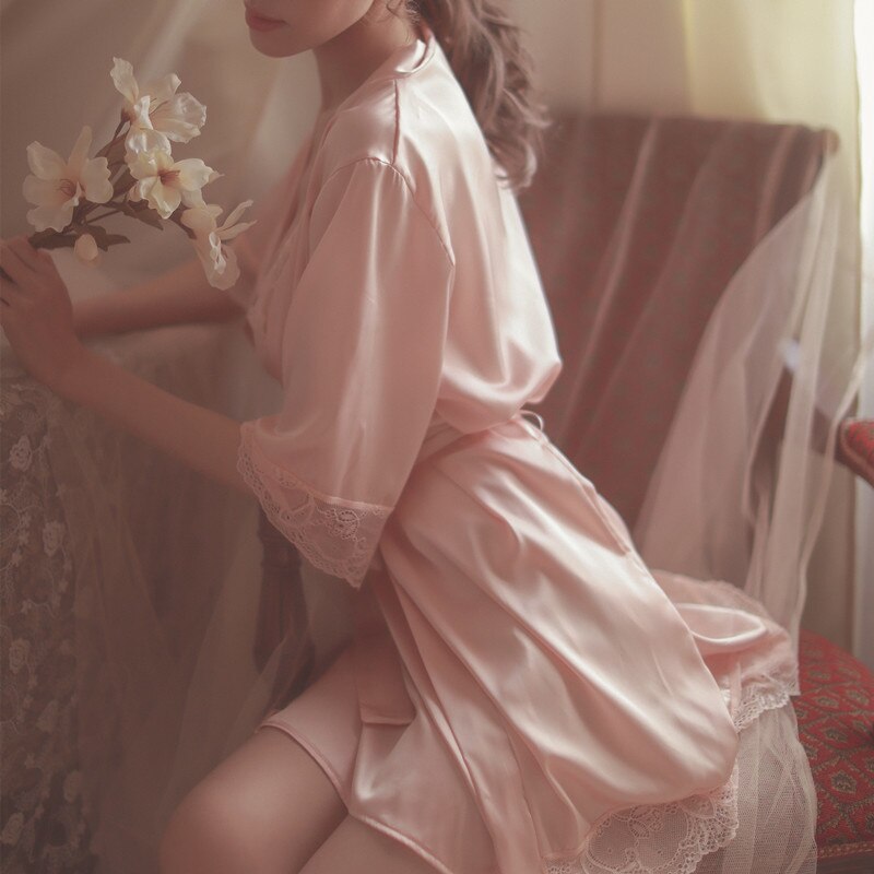 Home Wear Night Coat Women Nightgown Ladies Lace Sleepwear Silk Night Sleeping Dress Set Female
