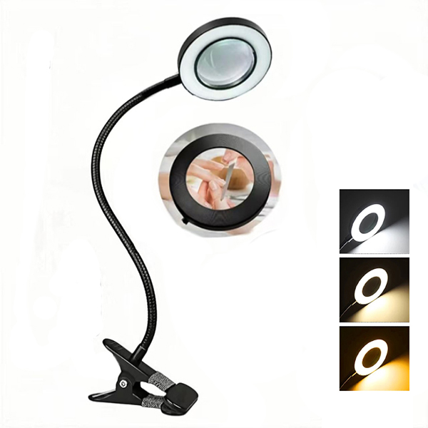 10-fache Clip-an-Schreibtischlampe, LED-Lupe mit Lampe, Nagelstudio, Sticklampe, tragbare Augenschutzlampe, Schwarz, Weiß, Silber: Schwarz
