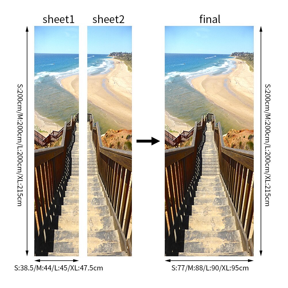 Landscape Door Stickers Wooden Bridge Beach Sea View Stickers Bedroom Study Bathroom Door Concealer Decorative Wall Stickers