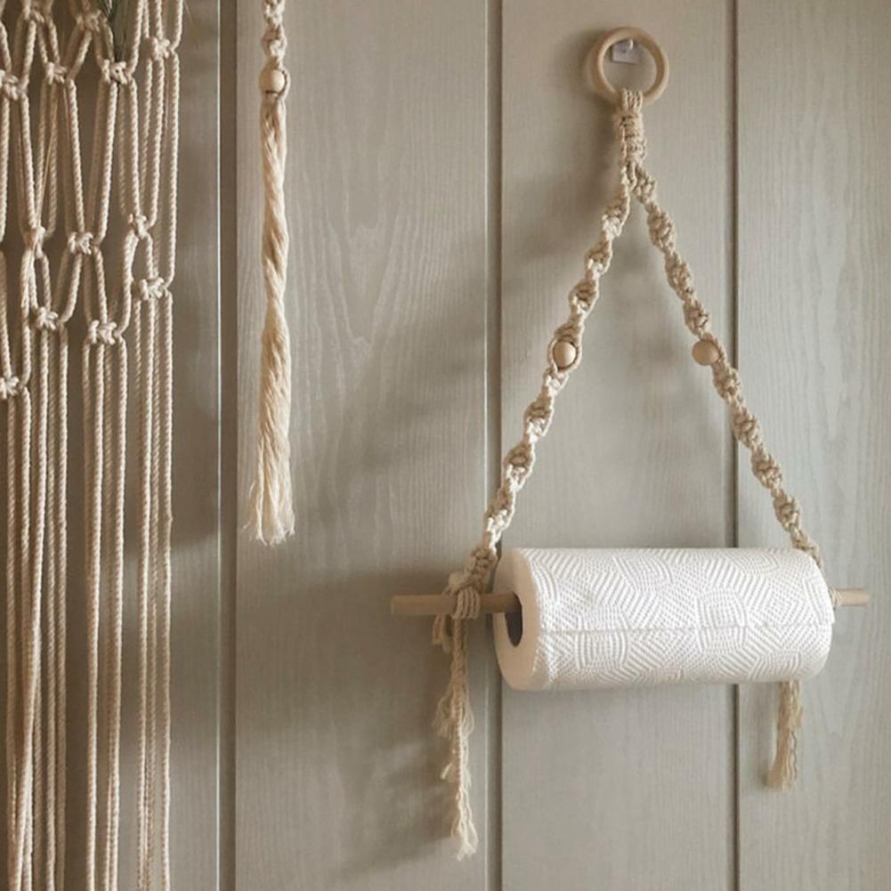 Boho Paper Towel Holder Multifunctional Wood Cotton Rope Towel Storage Rack Paper Towel Hanging for Kitchen Bathroom Wall Decor