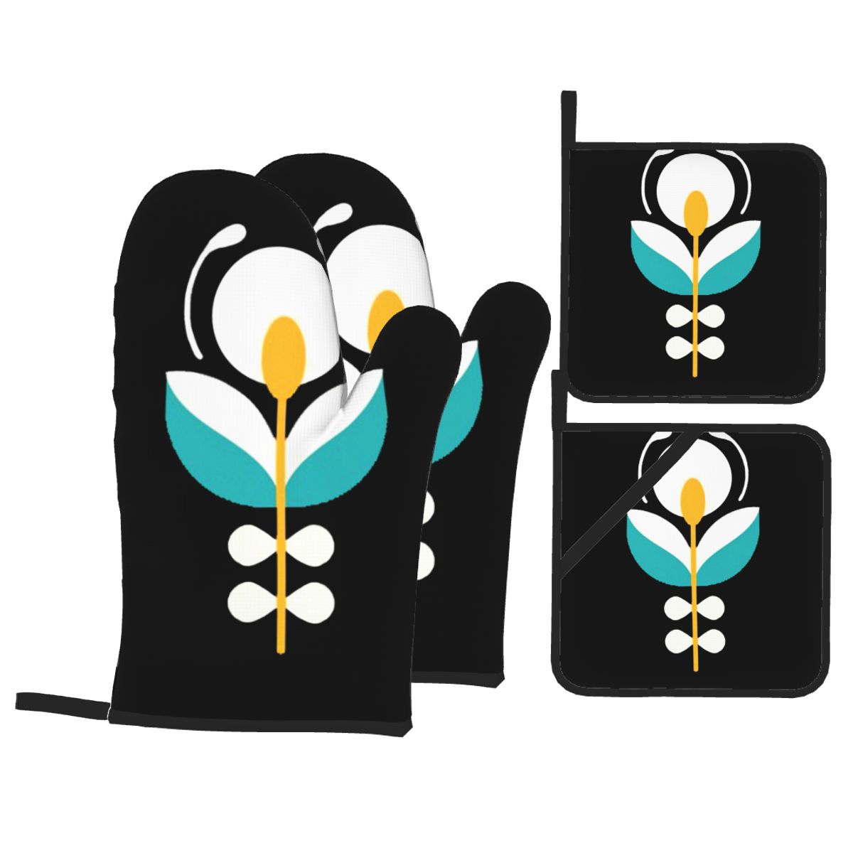 Orla Kiely Oven Mitts and Pot Holders 4pcs Set Heat Resistant Style BBQ Kitchen Gloves for Cooking Baking Grilling Potholder: Yellow