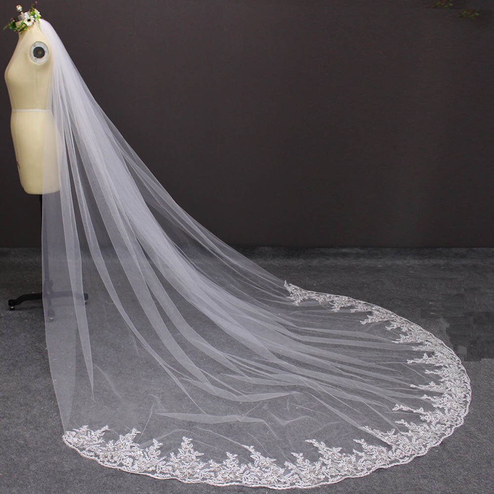 Long Wedding Veil with Comb 3M Cathedral Bridal Veil with Sequined Lace Appliques Metal Comb Voile Mariage