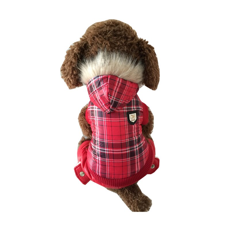 Red Grid Dog Clothes Winter Coat Jacket Hooded Pet Dog Clothes Cotton Warm Pet Jacket Thickness Dog Clothing