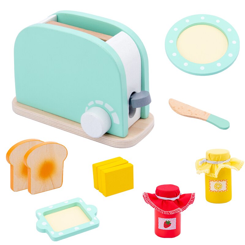 Wooden kids toy simulation hamburger fries set juicer coffee machine playhouse simulation real life kitchen utensils game toys: Blue bread maker