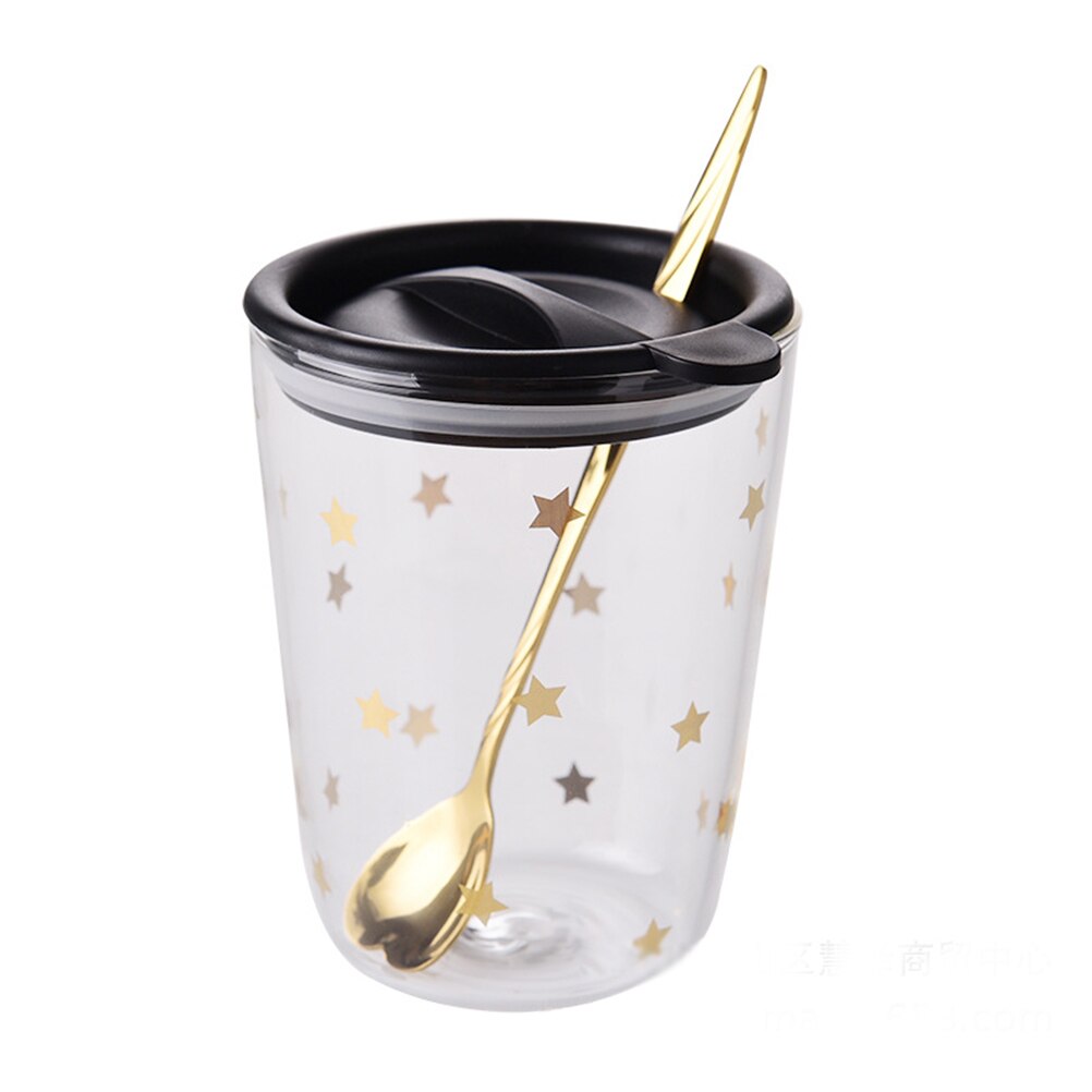 2 stk. 390ml varmebestandigt glaskop gyldne stjerner kaffekop morgenmad mælkekrus fortyk juice drikkebæger med låg