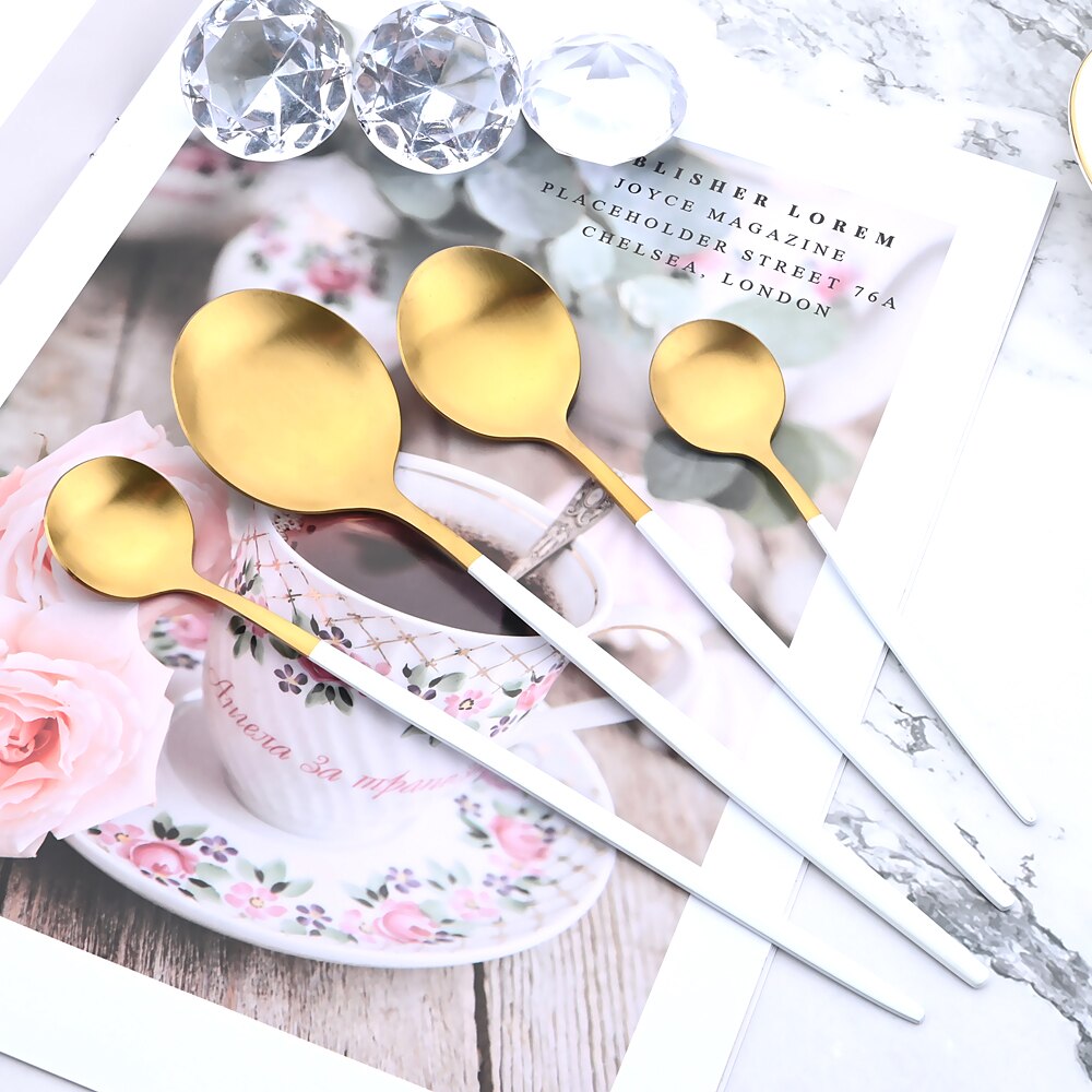 6Pcs Bestekset Rvs Zilverwerk Mes Vork Thee Lepel Servies Wit Goud Servies Bestek Keuken Diner Set