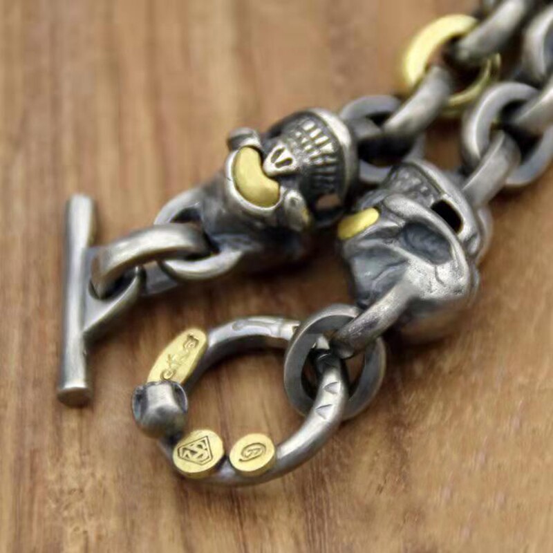 Pulsera de anillo grueso con doble calavera y ojo dorado para hombre y mujer, brazalete Retro, accesorios de joyería hechos a mano,