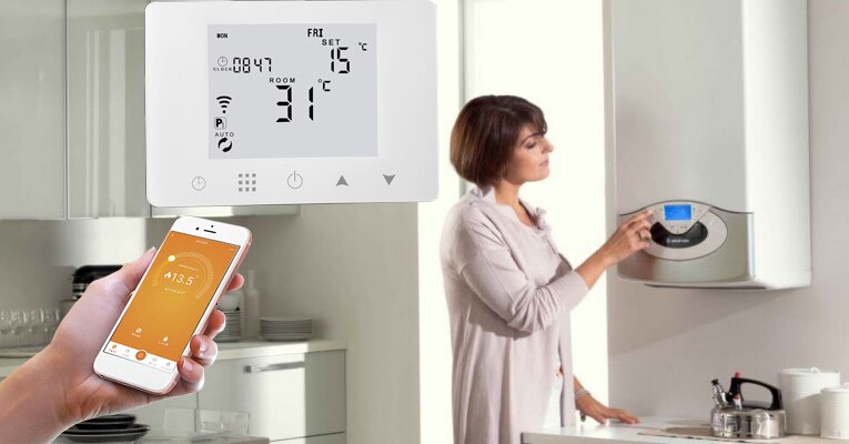 Wifi Smart Thermostat Gas Boiler with Touch Screen LCD Display Programmable Home Thermostat 220v can Work with Alexa Google Home