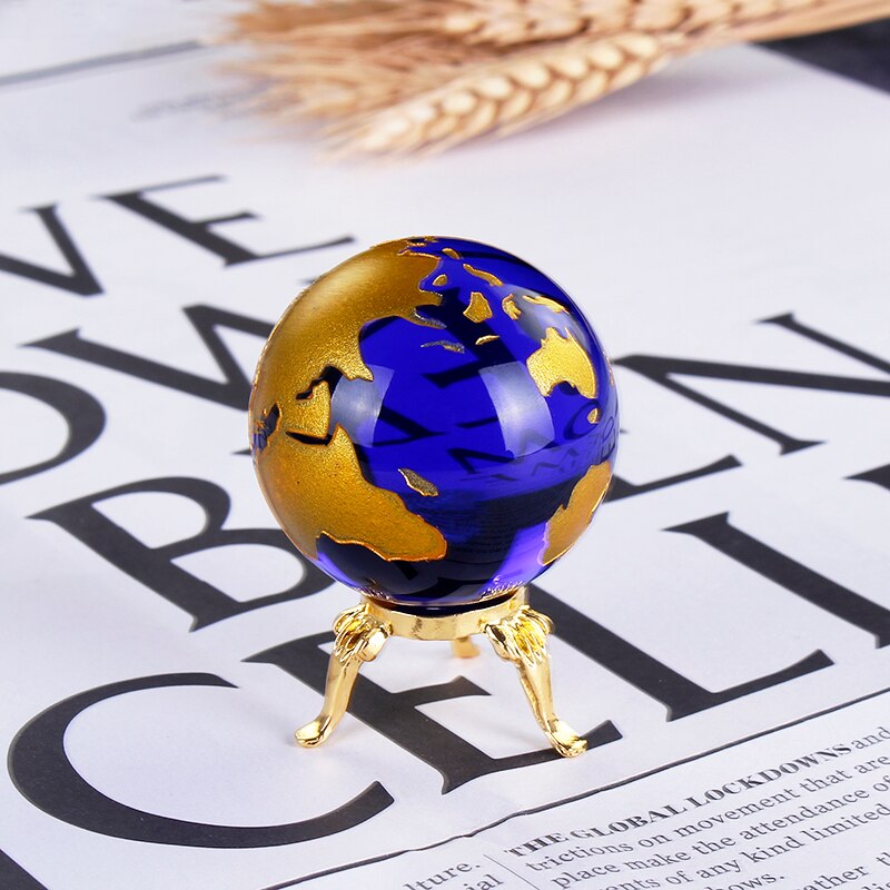 Blue Gold Crystal Aarde Model Global World Map Bol Feng Shui Woondecoratie Accessoire Craft Geografie