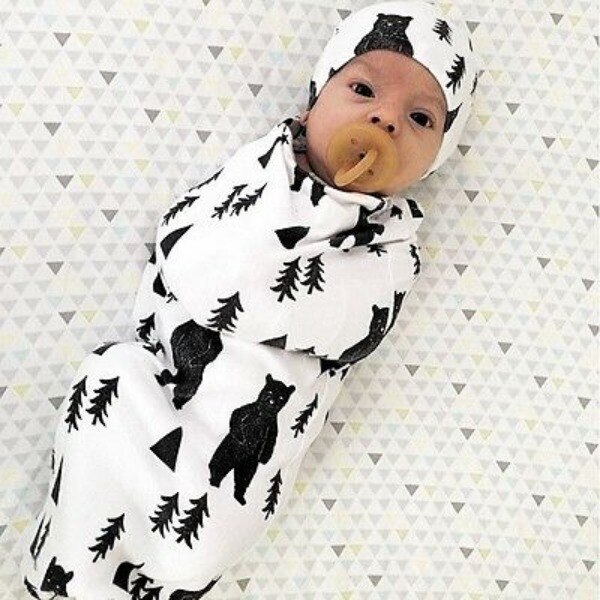 Pudcoco 2pcs/set Baby Robes Print Animal Newborn Baby Swaddle Blanket Baby Sleeping Swaddle Muslin Wrap Headband