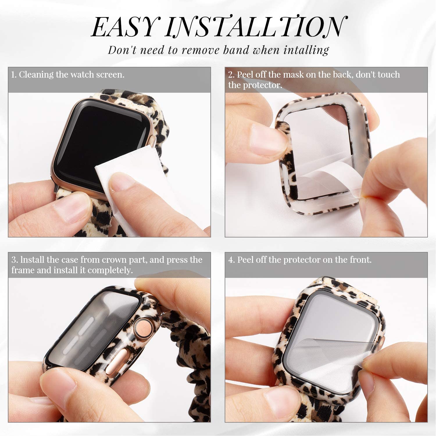 Funda + cristal para Apple Watch 44mm 40mm 38mm 42mm, cubierta protectora de leopardo de para parachoques de PC duro para iWatch SE 6 5 4 3 2 1