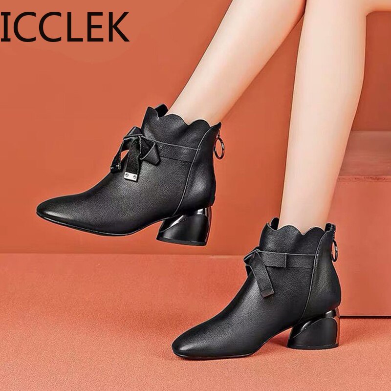 Women Ankle Boots Autumn Winter Shoes Med Heels Bare Boots Bow Dress Shoes Female Boots Wave White Botas Mujer