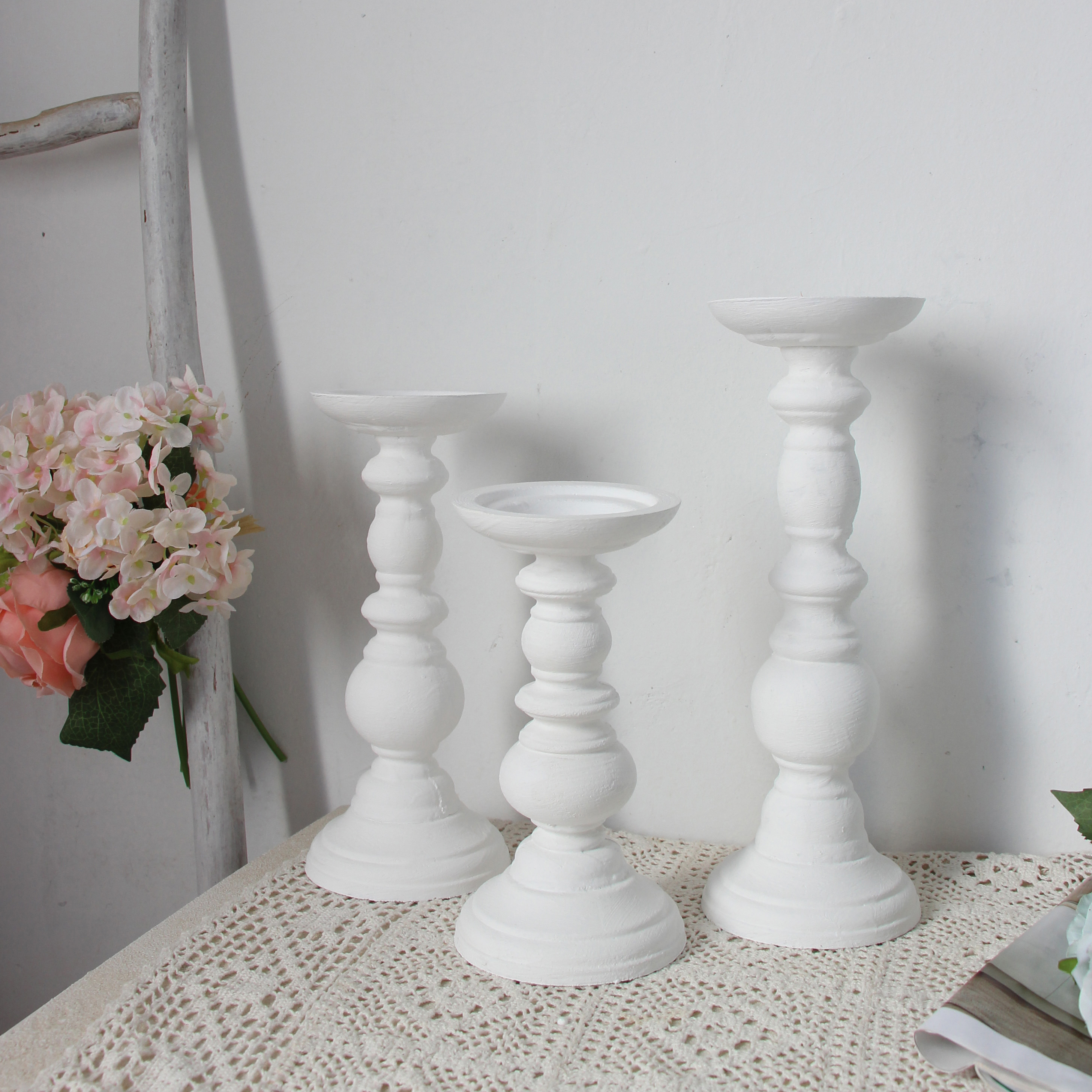 Ensemble de bougeoirs en bois blanc ci-après, chandelier, pot de plantes succulentes, décoration de table et de bureau, décor rustique de mariage et de