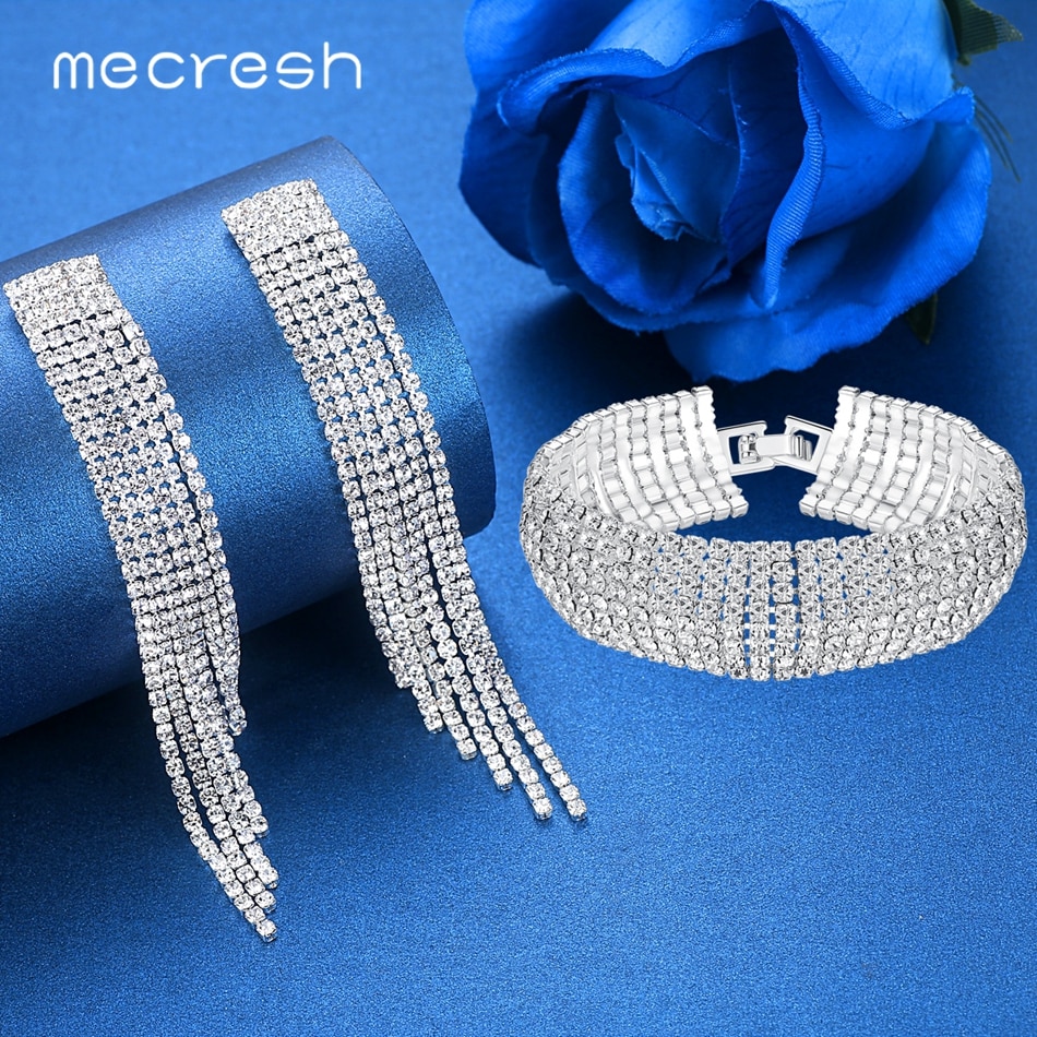 Mecresh Rhinestone Tassel Earrings Bracelet Set Bridal Wedding Jewelry Silver Color Earrings Tennis Bracelet Sets 424+341-8