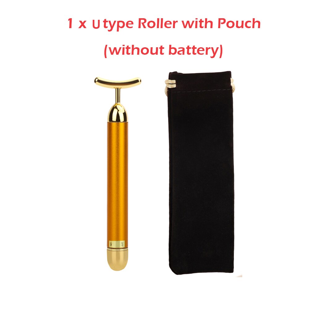 24k Golden Facial Roller Massager T Shape Vibrating Face Lifting Energy Beauty Bar Body Skin Massage Device Face Care Tools: U gold with bag