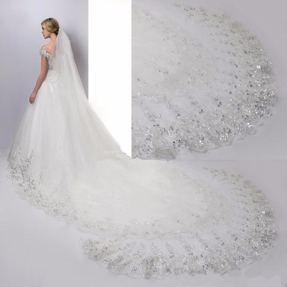Bruidsaccessoire 4 meter lange sluier met witte kant, pailletten, bruidssluiers, sluiers voor bruiden met kam