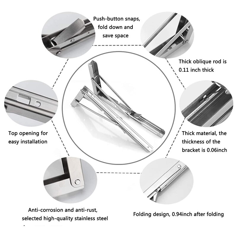 Folding Shelf Brackets, Heavy Duty Stainless Steel Foldable Wall Mount Shelf-Bracket, Suitable for DIY Various Space-Saving Work