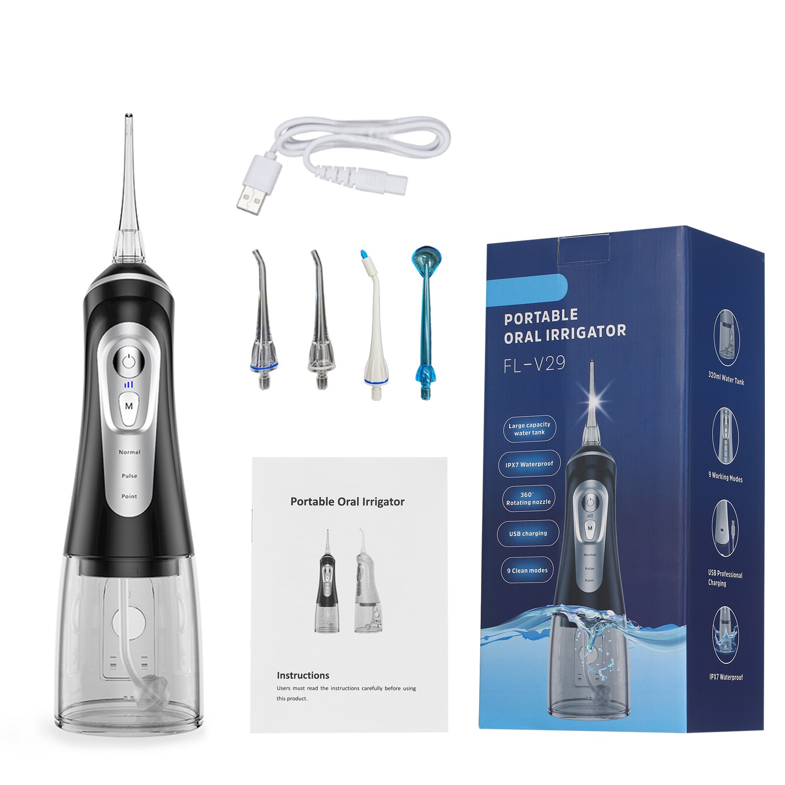 Water Flosser Cordless Oral Irrigator 320ML Water Tank for Teeth Cleaning IPX7 Waterproof USB Electric Water Flossing Device: Black