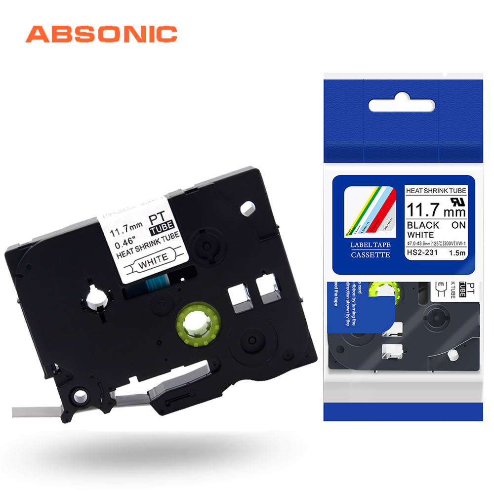 Absonic 10 pièces 11.7mm HSe-231 ruban thermorétractable noir sur blanc pour câble fibre Compatible pour Brother T-E300 PT-E500 PTE550W