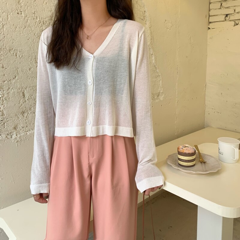 Summer Female Knit Thin Cardigan Sweater Coat Female Knitted Summer Full Sleeve Outwear Jacket Women: White