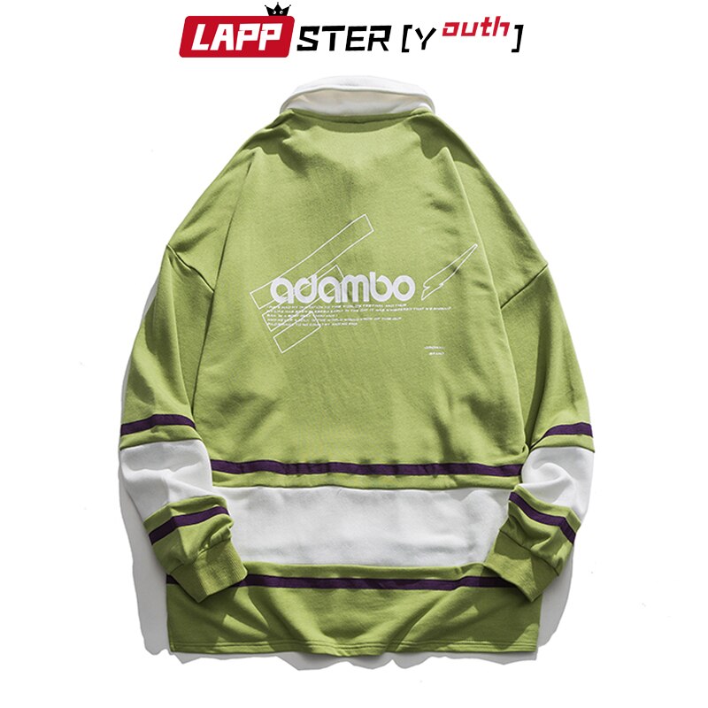 LAPPSTER-Youth Striped Harajuku Pathcwork Hoodies Autumn Men Kpop Vintage Style Sweatshirts Turn-down Collar Casual Hoodie